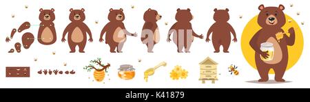 Vector cartoon style bear character for animation. Different emotions and beekeeping symbols. Isolated on white background. Stock Vector