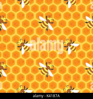 Vector cartoon style seamless pattern with bees on honey combs. Stock Vector