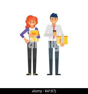 Vector flat style illustration of businessman and businesswoman characters. Business icons. Isolated on white background. Stock Vector