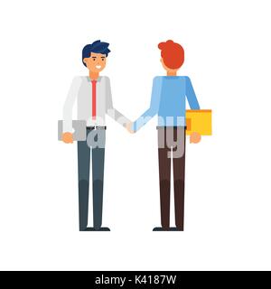 Vector flat style illustration of happy businessman characters. Business partners shaking hands. Isolated on white background. Stock Vector