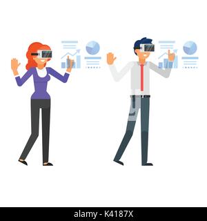 Vector flat style illustration of businessman and businesswoman characters wearing virtual reality glasses and managing infographic. Isolated on white Stock Vector