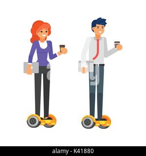 Vector flat style illustration of businessman and businesswoman characters riding personal self balancing transport - howerboard. Isolated on white ba Stock Vector