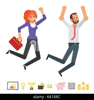 Vector flat style illustration of happy businessman and businesswoman characters jumping from success. Business icons. Isolated on white background. Stock Vector
