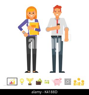 Vector flat style illustration of businessman and businesswoman characters. Business icons. Isolated on white background. Stock Vector