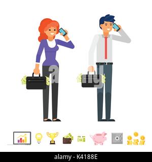 Vector flat style illustration of businessman and businesswoman characters talking on the phone. Business icons. Isolated on white background. Stock Vector