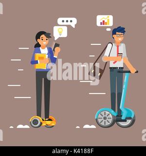 Vector flat style business characters on personal self balancing transport - hoverboard. Isolated on white background. Stock Vector