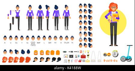 Vector flat style businesswoman character creation set for animation. Different emotions, hairstyles and gestures. Front, side and back view of charac Stock Vector