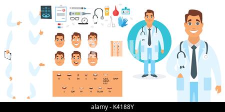 Vector cartoon style man doctor character generator. Different emotions,mouth positions and hand gestures. Medical icons. Isolated on white background Stock Vector