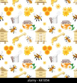 Vector cartoon style seamless pattern with honey and apiary symbols on white background. Stock Vector