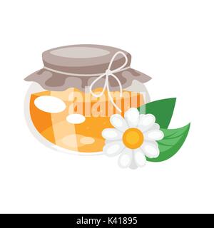 Vector cartoon style glass honey jar with camomile flower.  Isolated on white background. Stock Vector