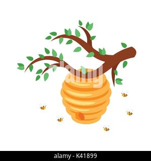 Vector cartoon style bee hive with flying bees around. Isolated on white background. Stock Vector