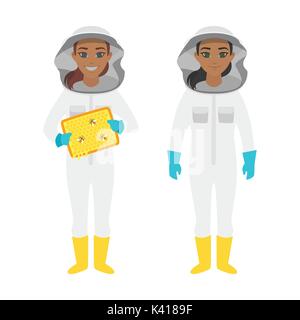 Vector cartoon style beekeeper woman characters. Isolated on white background. Stock Vector