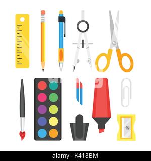 Vector flat style set of school stationery. Icon for web. Isolated on white background. Stock Vector
