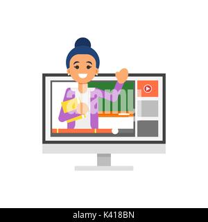 Vector flat style concept of online schooling. The teacher conducts the lesson. Stock Vector