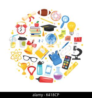 Vector cartoon style round composition of school and education symbols. Isolated on white background. Stock Vector