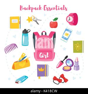 Vector cartoon style backpack essentials set for school girl. Isolated on white background. Stock Vector