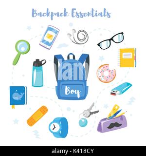Vector cartoon style backpack essentials set for school boy. Isolated on white background. Stock Vector
