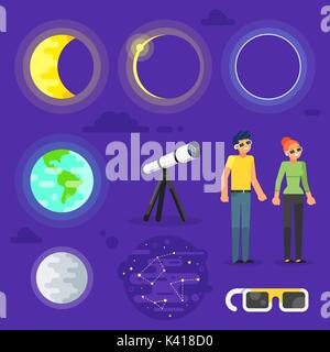 Vector flat style set of solar eclipse elements for infographic. Stock Vector