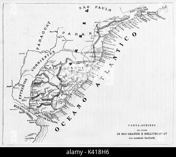 Old map of Rio Grande do Sul and Uruguay. By unidentified author published on Garibaldi e i Suoi Tempi Milan Italy1884 Stock Photo