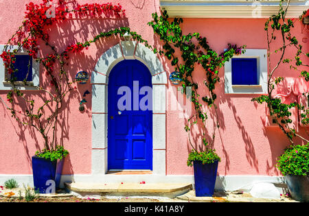 Old colorful streets of Greece,Assos village,Kefalonia island. Stock Photo