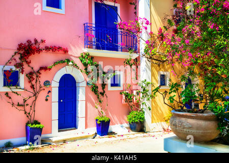Old colorful streets of Greece,Assos village,Kefalonia island. Stock Photo