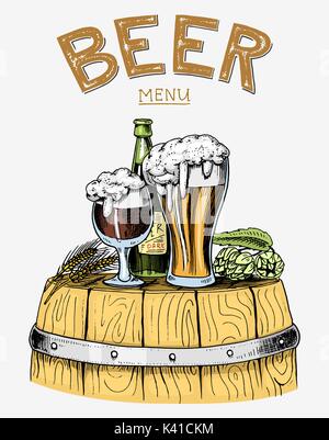 beer classical wooden barrels for Logo or emblem and banner. engraved in ink hand drawn in old sketch and vintage style for web or pub menu. design of oktoberfest. Stock Vector