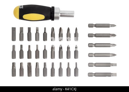 Set of different nozzles for screwdrivers on a white background Stock Photo