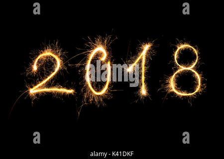 Happy new year. Digits 2018 made from fireworks isolated on black background. Stock Photo