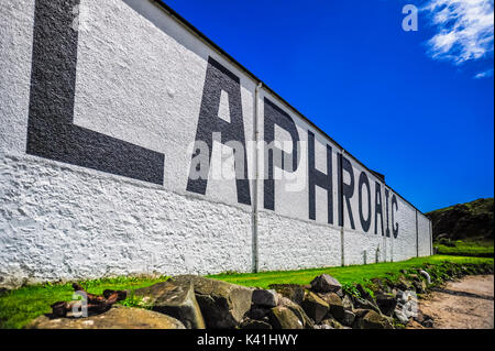 A closeup of the exterior of the Laphroaig Distillery on the Isle of Islay, Scotland Stock Photo