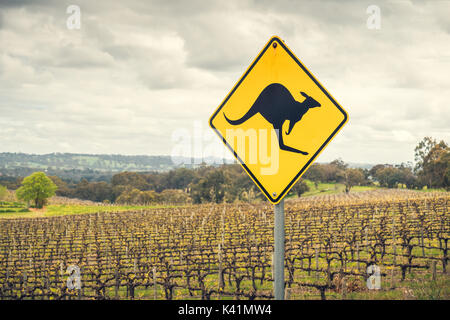 Kangaroo road sign on a side of a road in  Adelaide Hills wine region, South Australia Stock Photo