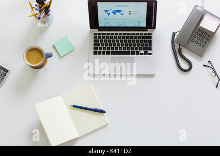 laptop, phone and other office stuff on table Stock Photo