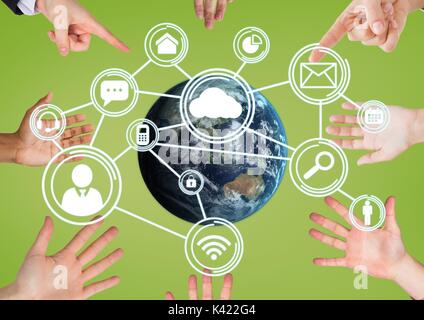 Digital composite of Hands pointing a globe with connectors Stock Photo