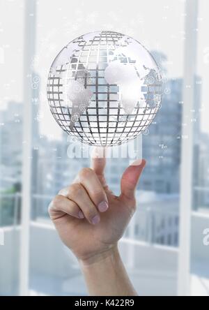 Digital composite of Hand pointing a globe with connectors Stock Photo