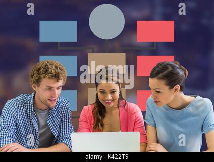 Digital composite of Group meeting and Colorful mind map over dark background Stock Photo