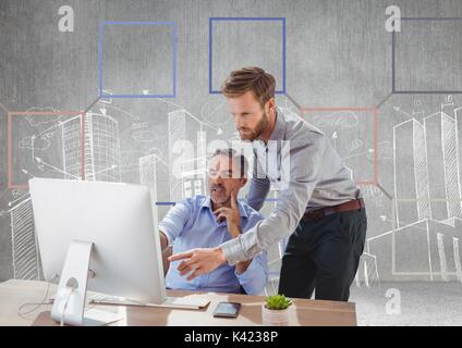 Digital composite of Businessmen and Colorful mind map over city drawings background Stock Photo