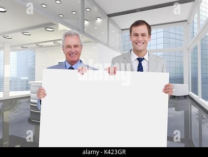 Digital composite of Business men holding blank card in office Stock Photo