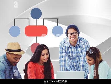 Digital composite of Group meeting with mind map and laptop Stock Photo