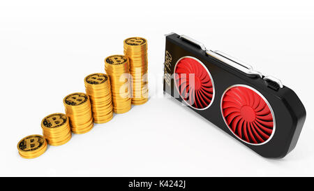 video card and golden bitcoin coins. 3d illustration. suitable for bitcoin and other mining themes. Stock Photo