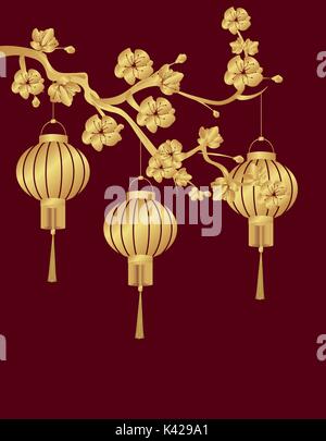 Chinese New Year. Three Chinese lanterns were stylized under bronze on a cherry branch. Round. illustration Stock Vector