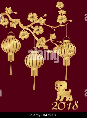 Chinese New Year. The year 2018 is the year of the dog. Three Chinese lanterns on a cherry branch and a puppy are stylized under bronze. illustration Stock Vector
