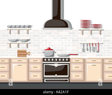 Kitchen with furniture Flat style vector illustration. Cartoon style for web, analytics, graphic design cuisine interior in realistic style with cabin Stock Vector