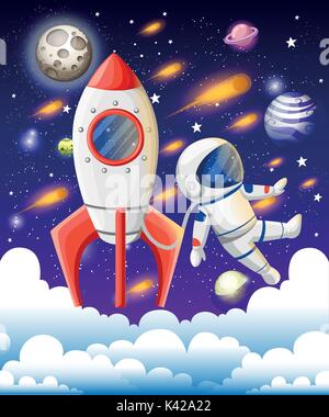 Vector illustration of open book with space elements - solar system, space shuttle, planets, stars, Earth, comet. Imagination concept made in flat sty Stock Vector