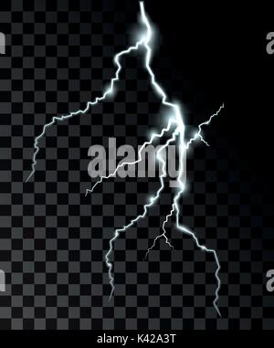 Set of the isolated realistic lightnings with transparency for design. Thunder-storm and lightnings. Magic and bright lighting effects. Natural effect Stock Vector