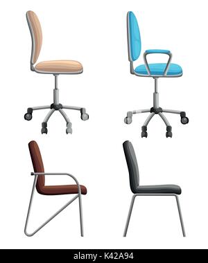 Office or desk chair in various points of view. Armchair or stool in front, back, side angles. Corporate castor furniture flat icon design. Web site p Stock Vector