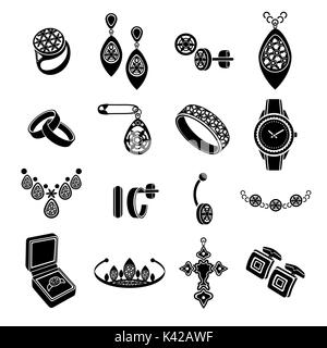 Set icons jewelry in vector. Black flat icons isolated on white background Stock Vector