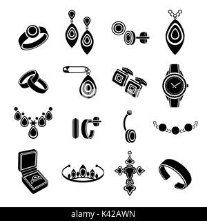 Set icons jewelry in vector. Black flat icons isolated on white background Stock Vector