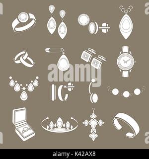 Set icons jewelry in vector. White drawn flat icons isolated on gray-brown background Stock Vector