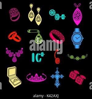 Set icons jewelry in vector. Multicolored bright flat icons isolated on black Stock Vector