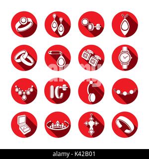 Set icons jewelry in vector. White flat icons in a red round frame with a beveled shadow Stock Vector