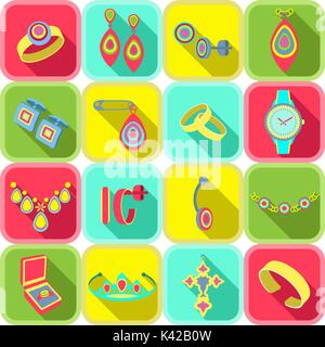 Set icons jewelry in vector. Cartoon multicolored bright icons in colorful square frames with beveled shadow Stock Vector
